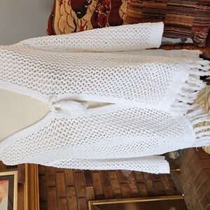 J Jill white hooded cover up or cardigan open knit tassles size XL petite Whimsy
